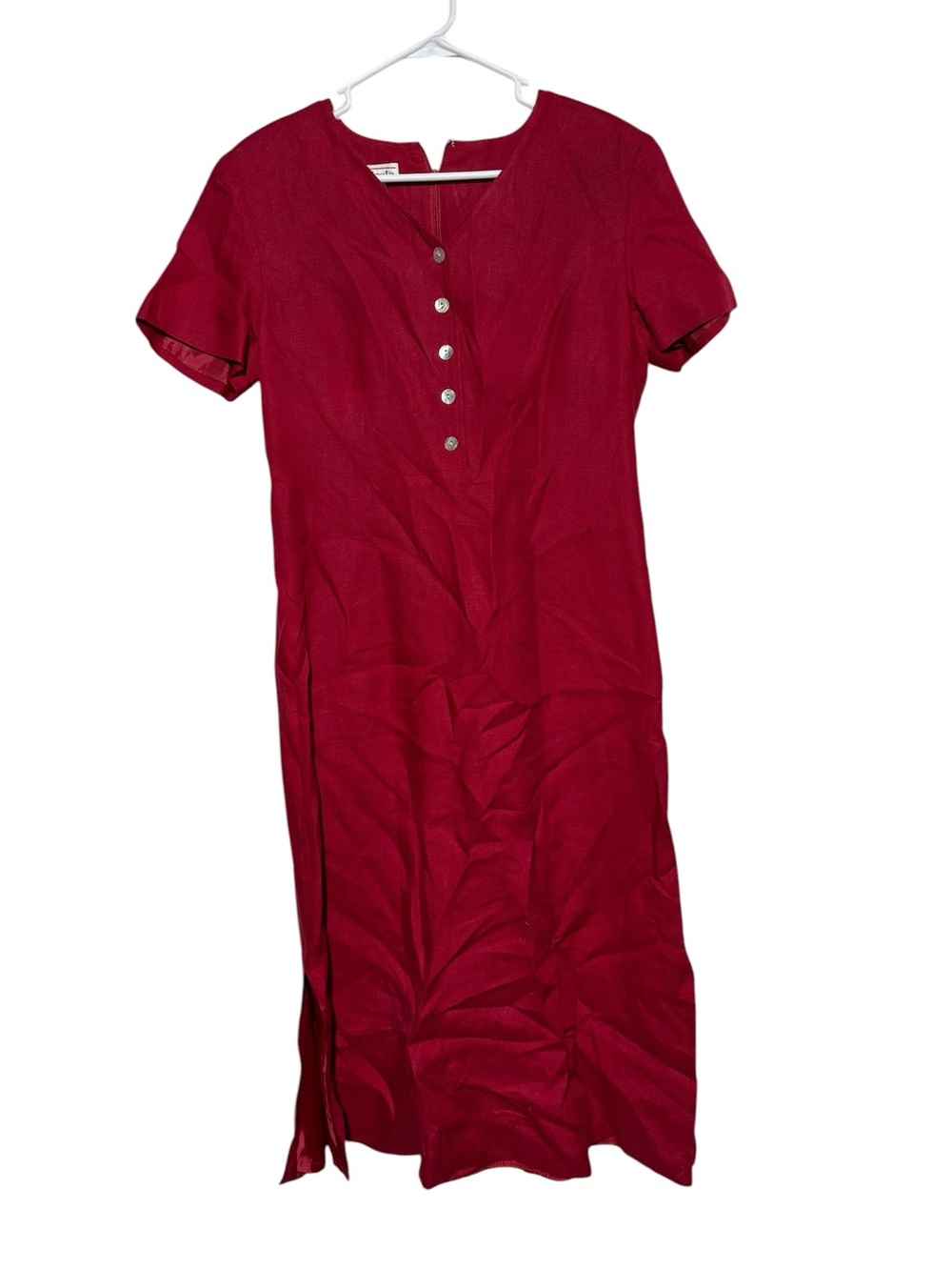 Talbots 100% Linen Red Midi Dress Size 10 90s Minimalism Cottagecore Modest
